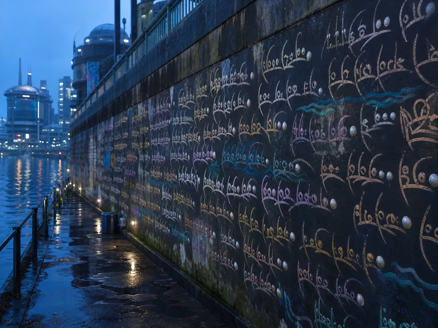 A dusk photograph of a long canal-side memorial wall covered with repeated shell-script name glyphs, pearl dots, and tide lines.