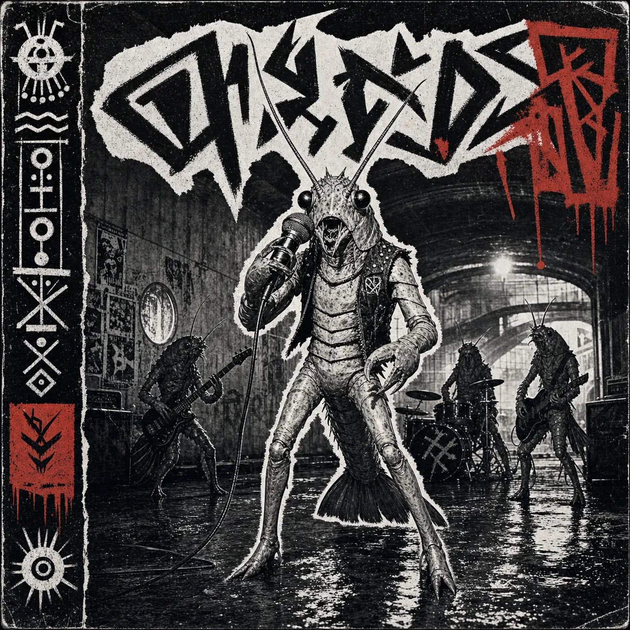 A black-and-white punk LP cover with a jacketed shrimp-folk vocalist shouting into a microphone in a wet New Atlantis underpass beneath jagged invented glyph marks.