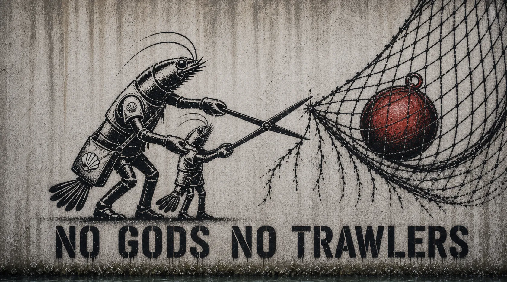 An adult shrimp-folk figure crouches beside a child on a seawall mural, guiding clean shears through a black net that traps a red buoy above the words No Gods No Trawlers.
