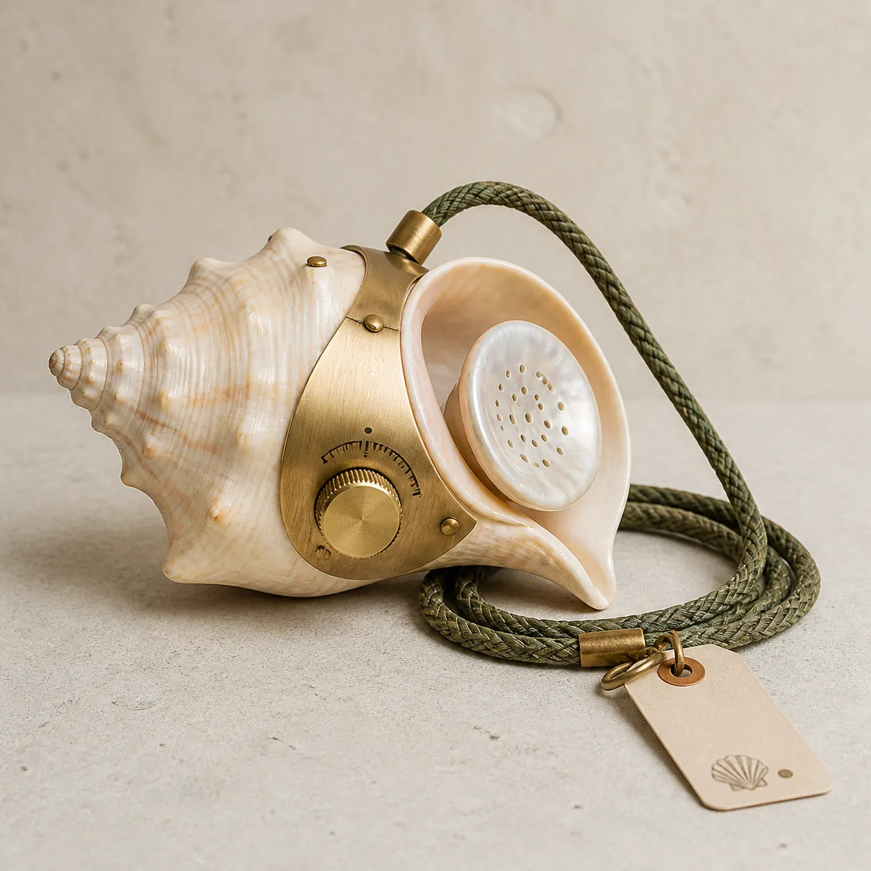 Product photograph of a polished conch-shaped audio guide with brass fittings and a braided cord.