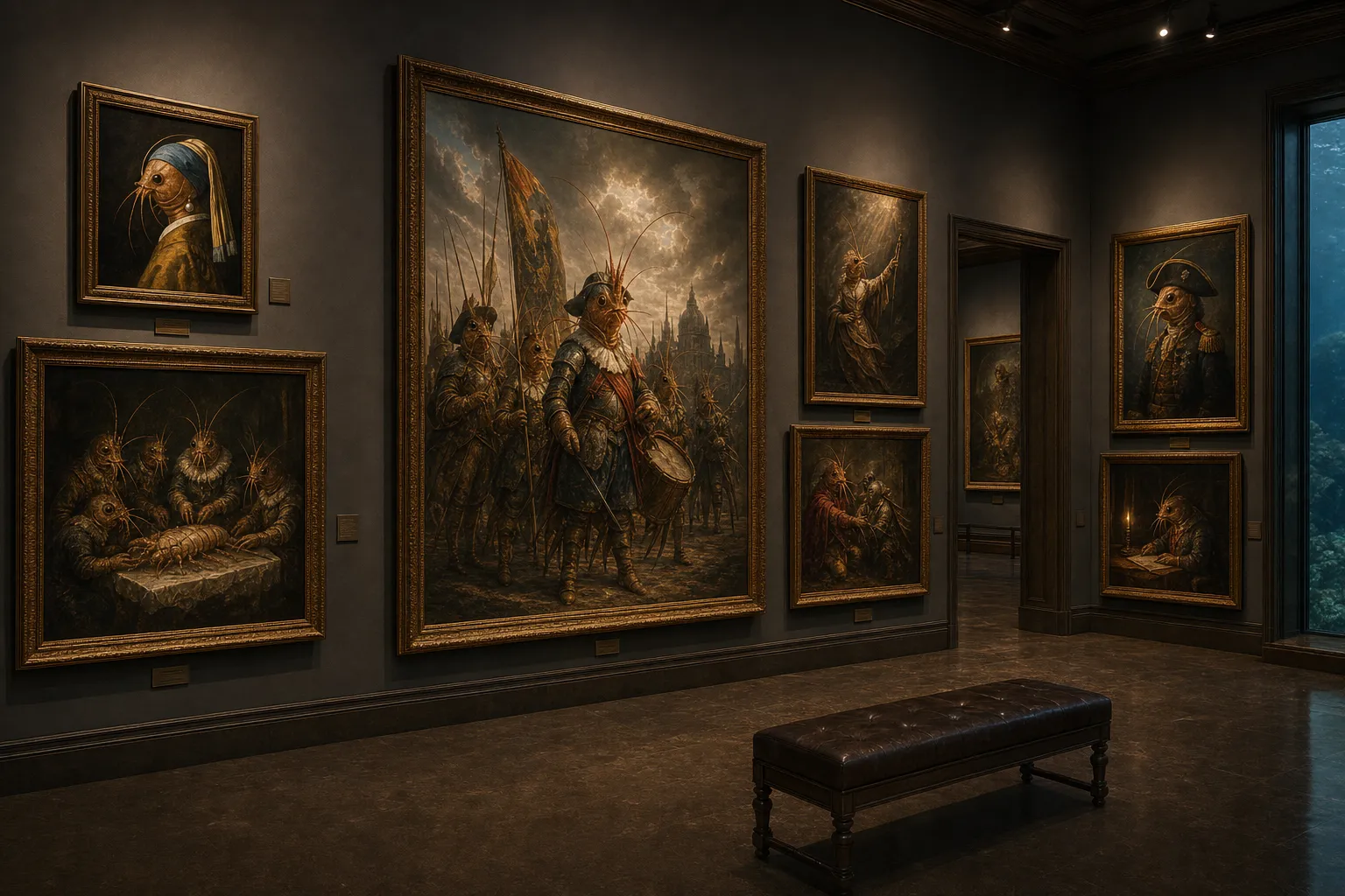 A dark Baroque museum gallery photographed at an angle, with a large shrimp-folk civic guard painting, one pearl-earring portrait, anatomy lesson, court portrait, candlelit study, and doorway to another room.