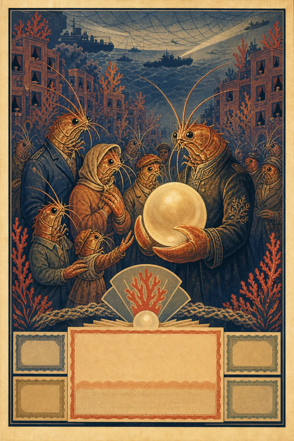 A 1940s-style shrimp-folk war bonds poster showing a civilian family and civic treasurer gathered around a glowing pearl beneath patrol craft and protective netting.