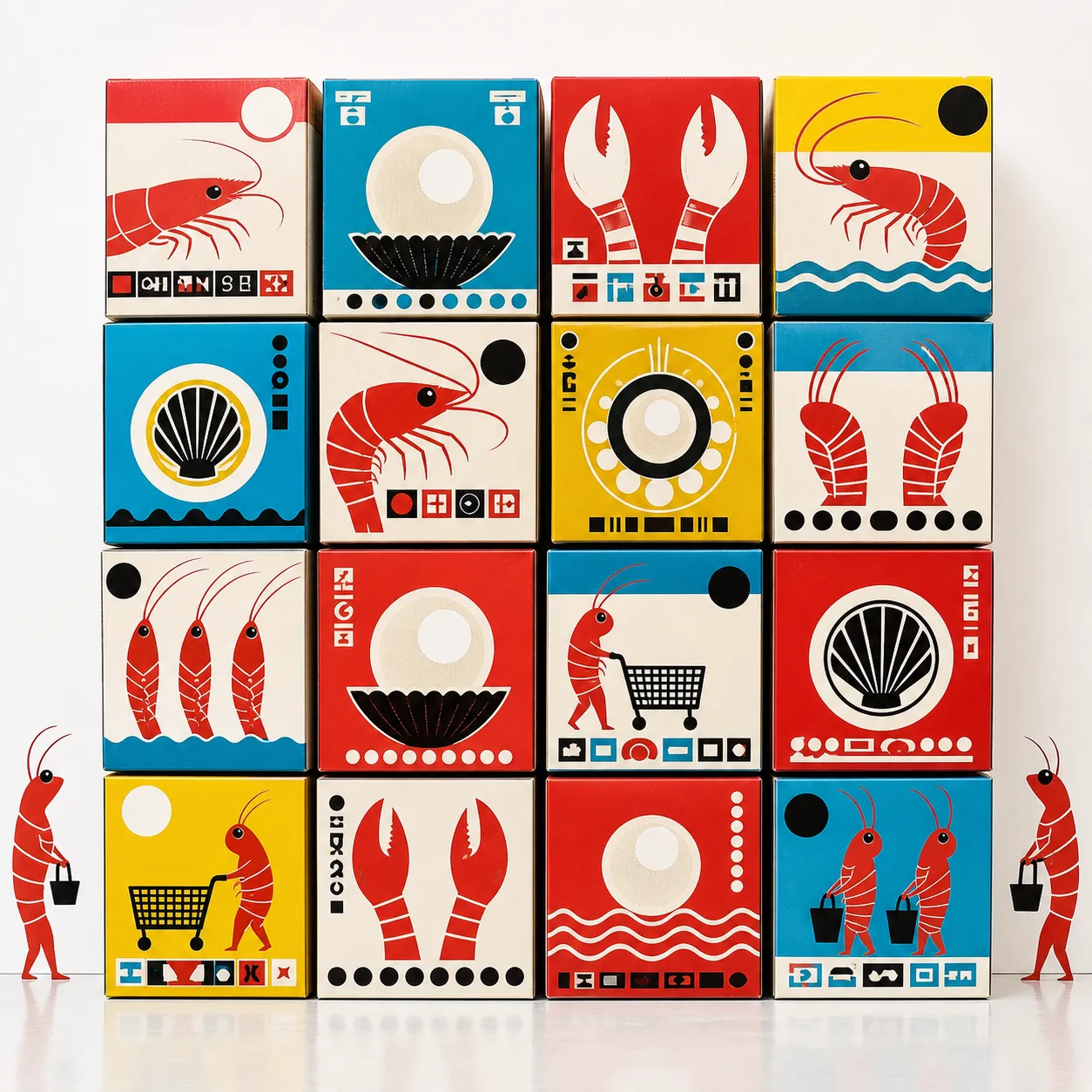 A Pop Art installation of stacked shrimp-folk commodity boxes with red, blue, yellow, black, and white screenprinted shell and claw graphics.