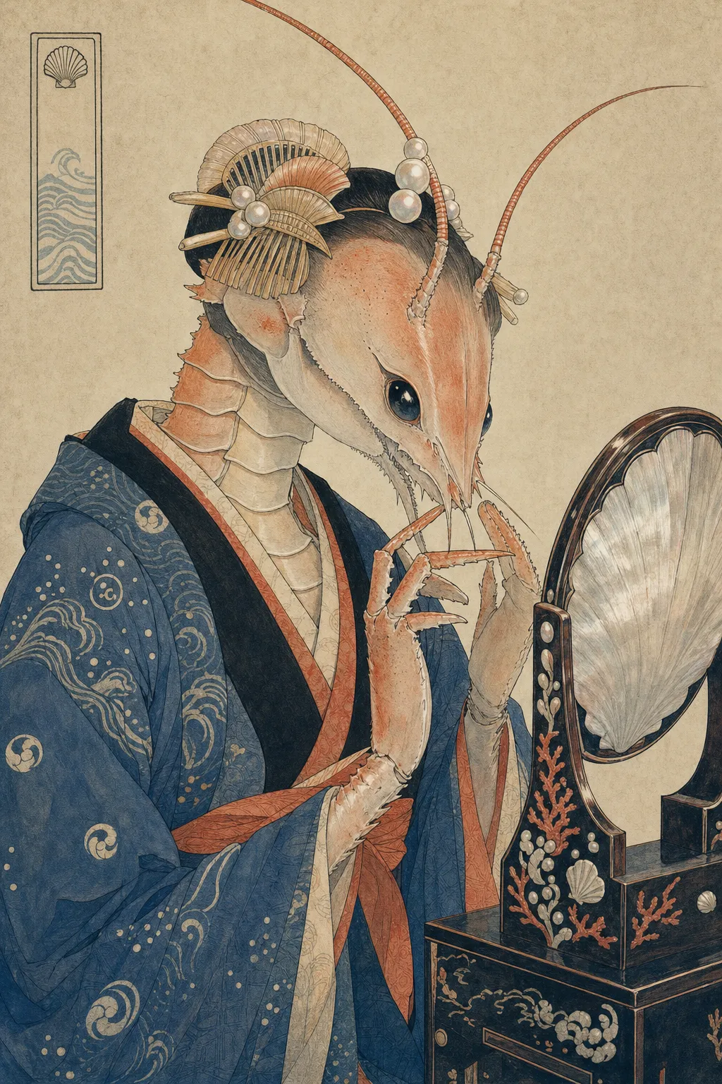 A vertical ukiyo-e-style shrimp-folk portrait of an elegant sitter in a blue patterned robe before a shell mirror.