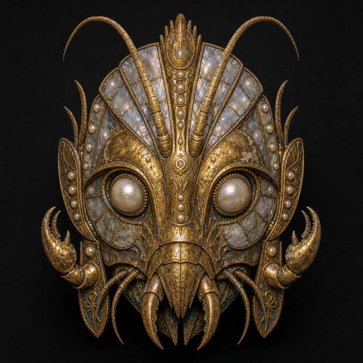 A royal funerary mask with shell-gold surfaces, pearl eyes, an antenna crest, segmented brow, and salt-patinated edges.