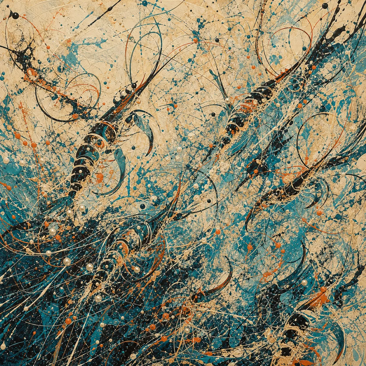 A Pollock-like action painting with teal and black drips, pearl nodes, antenna arcs, claw crescents, and segmented shell forms crossing a cream ground.