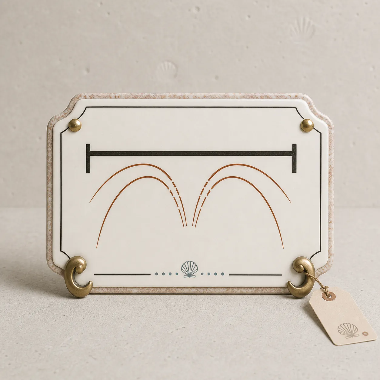 Product photograph of a shell-white gallery sign with abstract antennae arcs dipping below a low lintel.