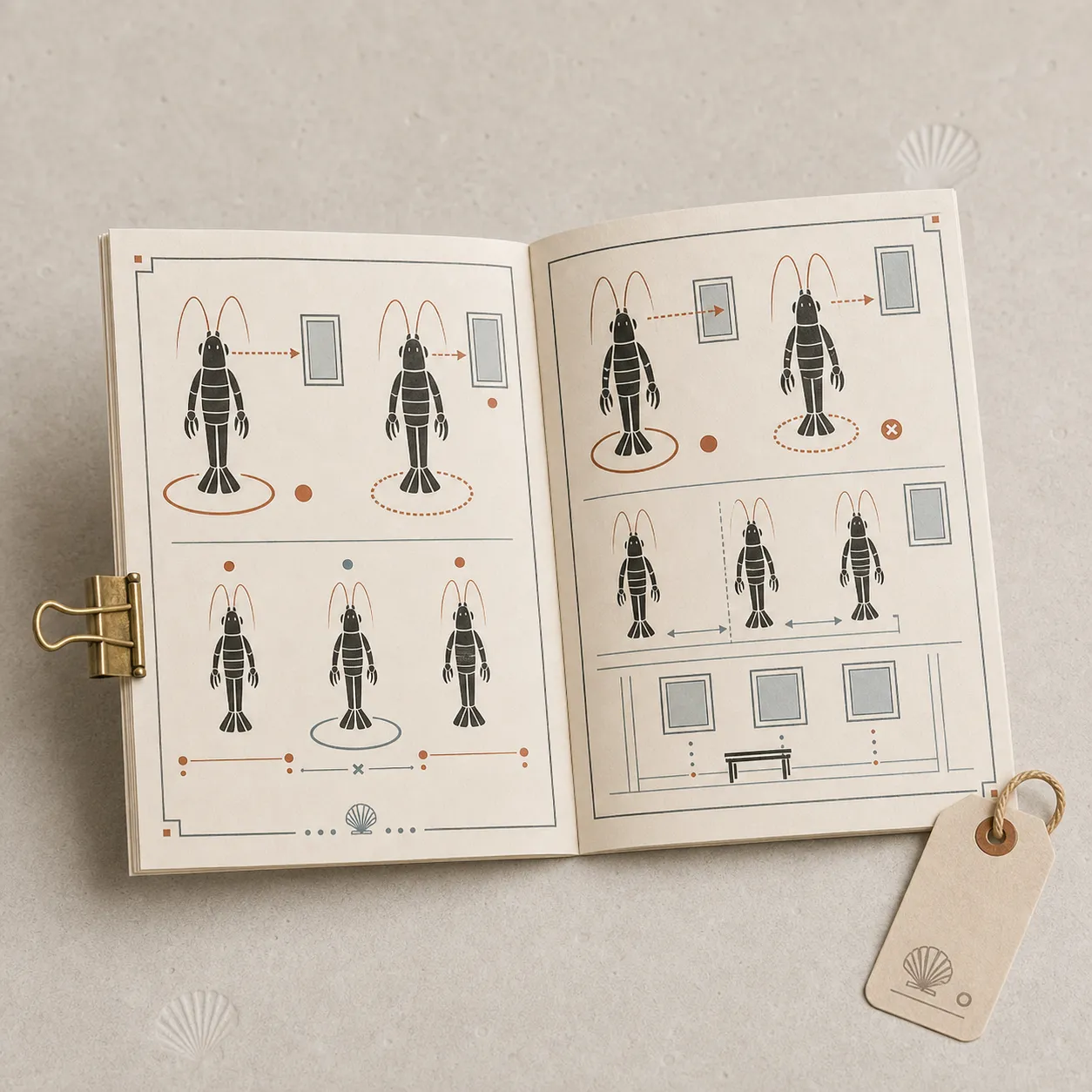 Product photograph of a small museum guide booklet opened to upright shrimp-folk posture diagrams.