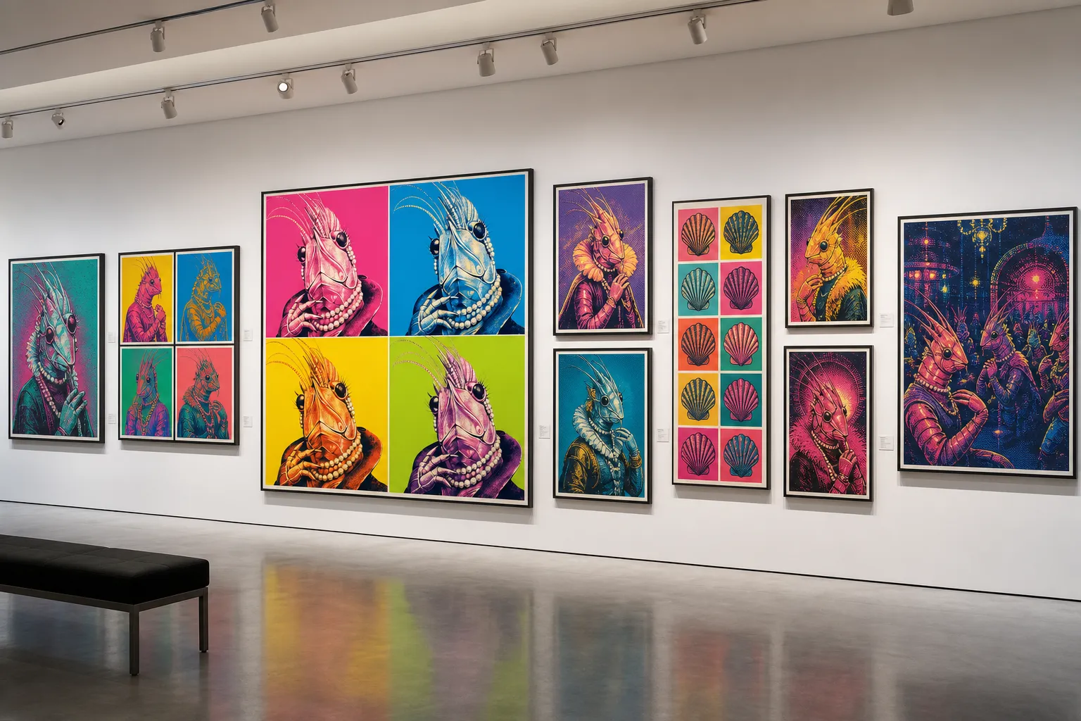 A bright white-cube gallery wall of Pop Art shrimp-folk silkscreens, including a four-panel diva portrait grid, repeated shell icons, halftone portraits, and neon reef nightlife imagery.