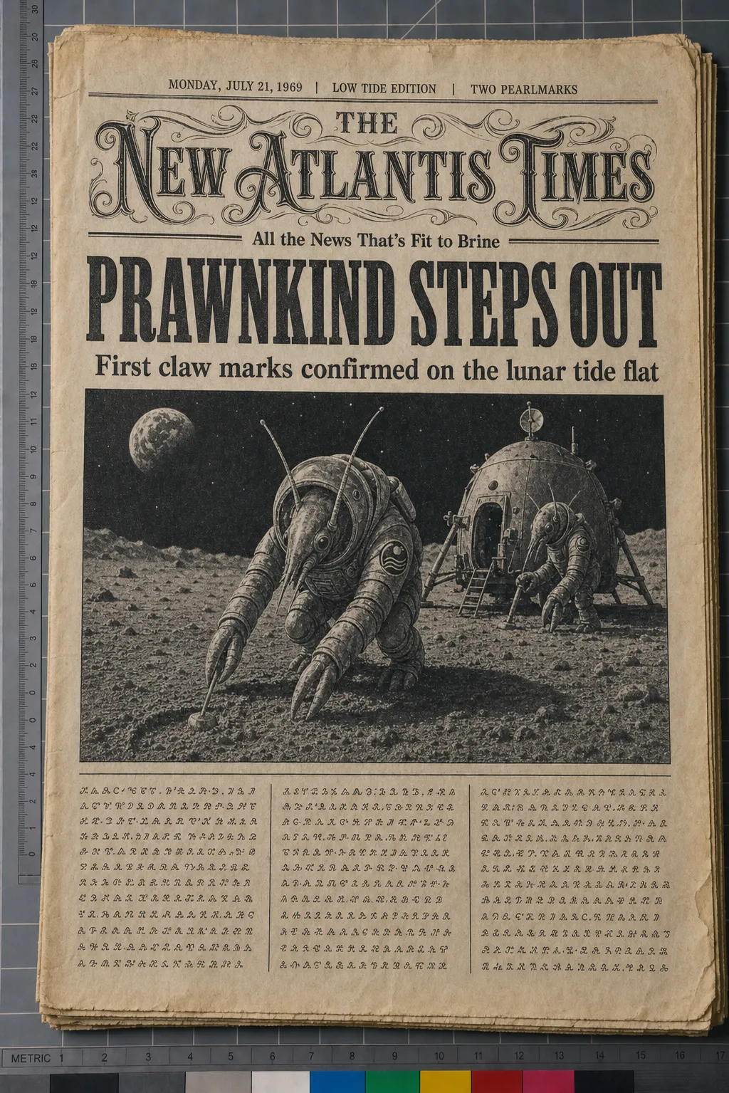 A dated New Atlantis Times front page for Monday, July 21, 1969, photographed on aged newsprint with the headline Prawnkind Steps Out above a halftone image of suited shrimp-folk explorers on a lunar tide flat.