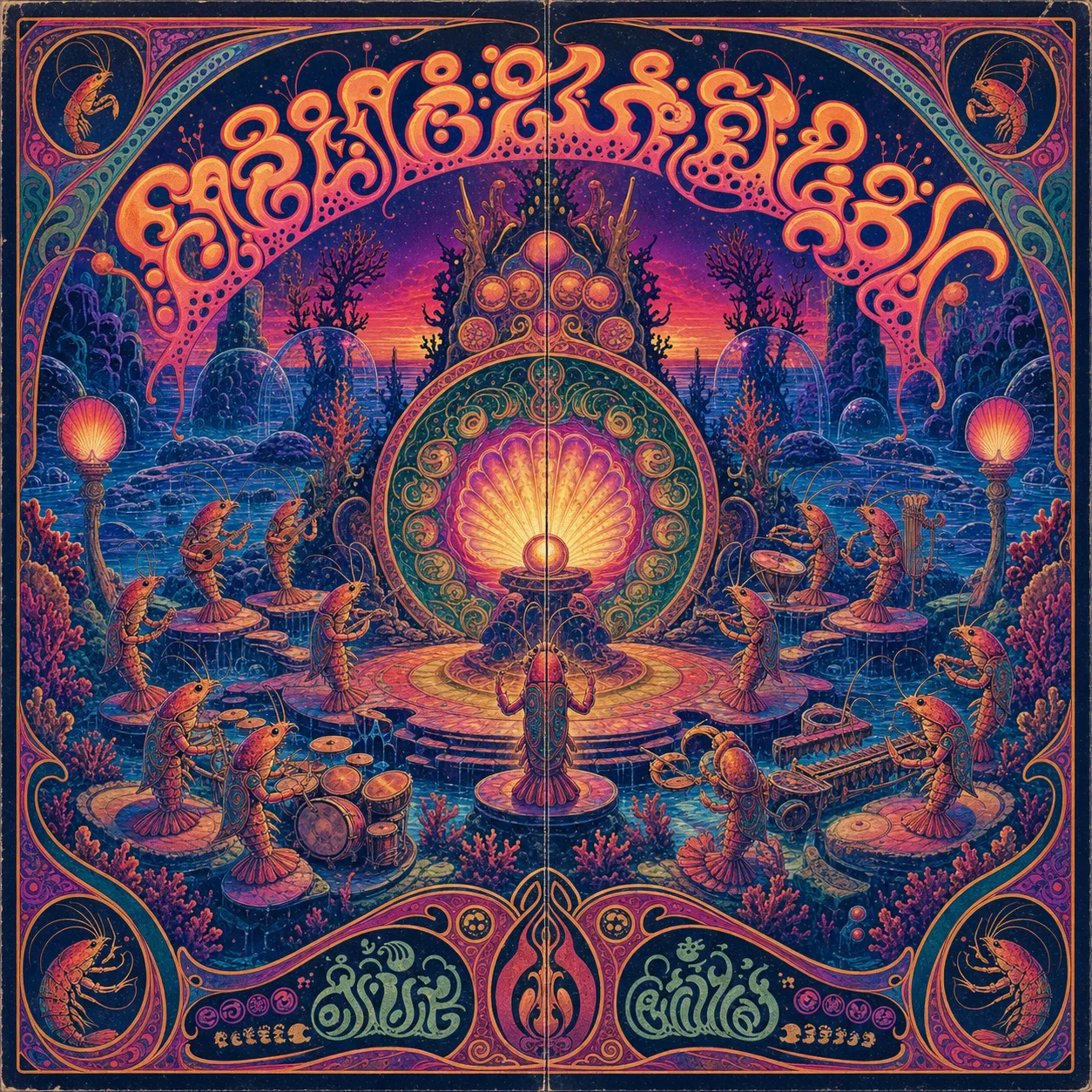 A saturated psychedelic gatefold-style LP cover with shrimp-folk musicians arranged around a glowing shell mandala in an intertidal reef amphitheater.