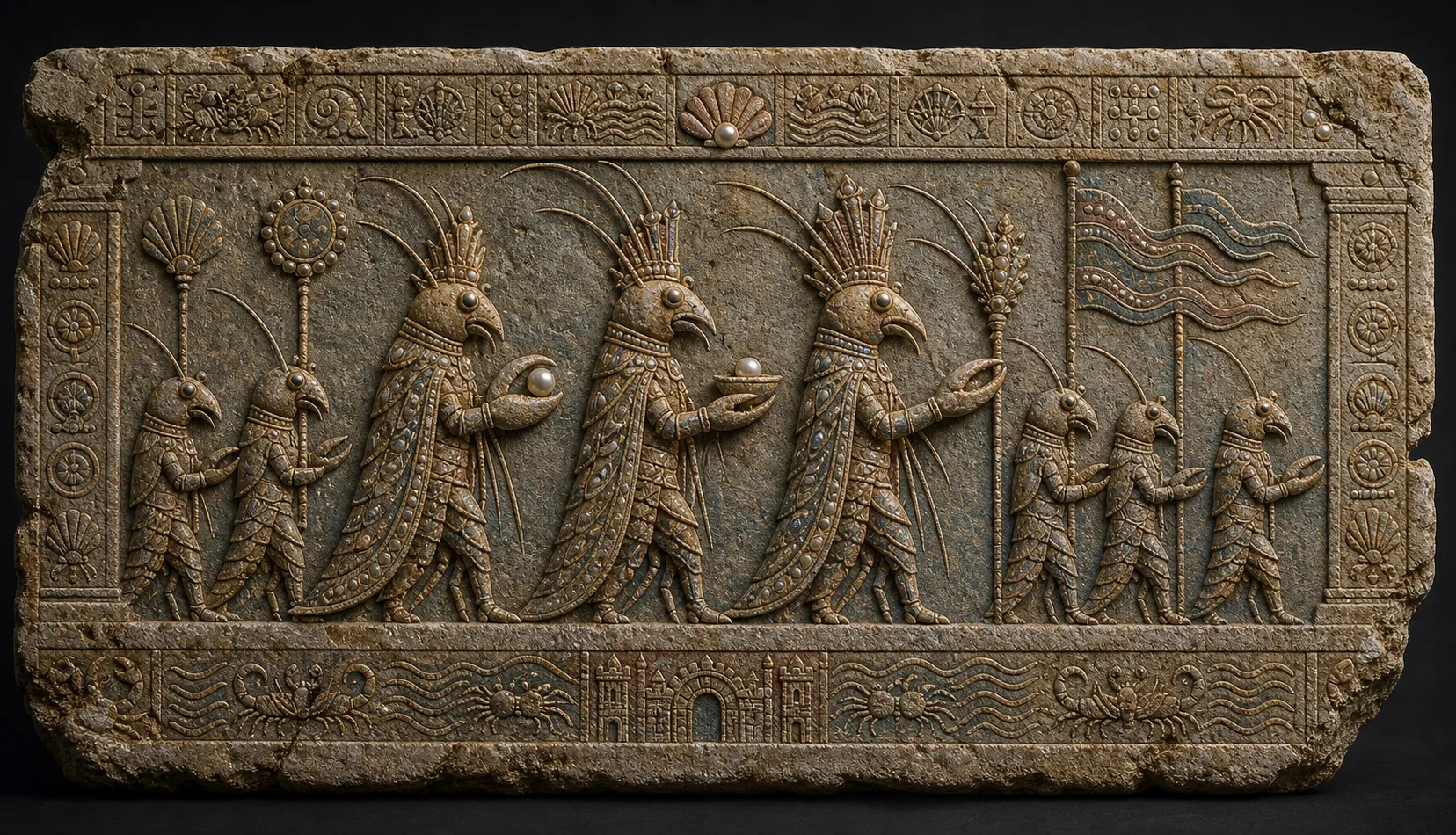 A horizontal carved relief of shrimp-folk queens and attendants in profile with shell crowns, pearl vessels, tide glyph borders, and worn stone edges.