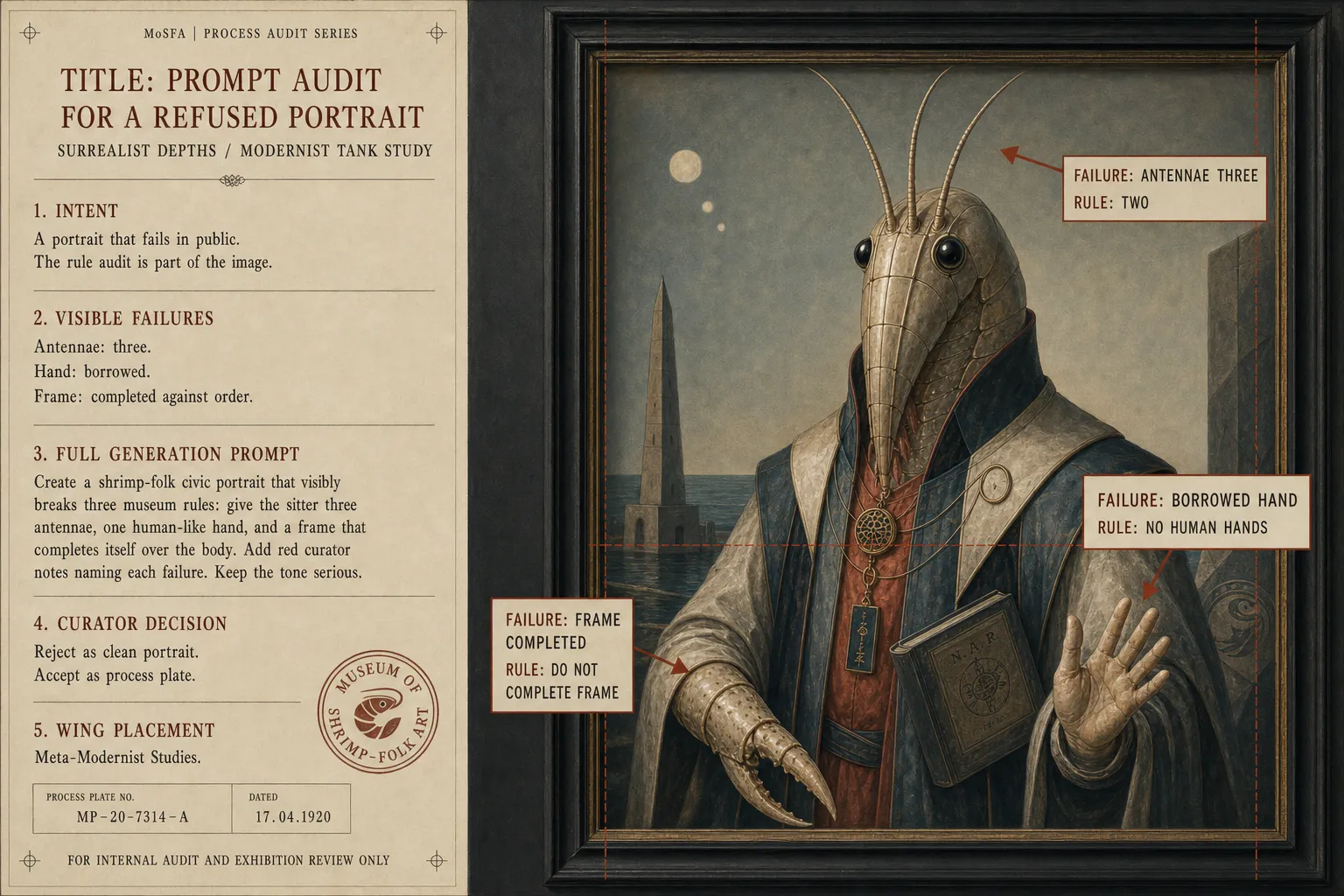 A two-panel process plate with a full prompt dossier on the left and a shrimp-folk portrait under pale rule-audit callouts with red arrows on the right.