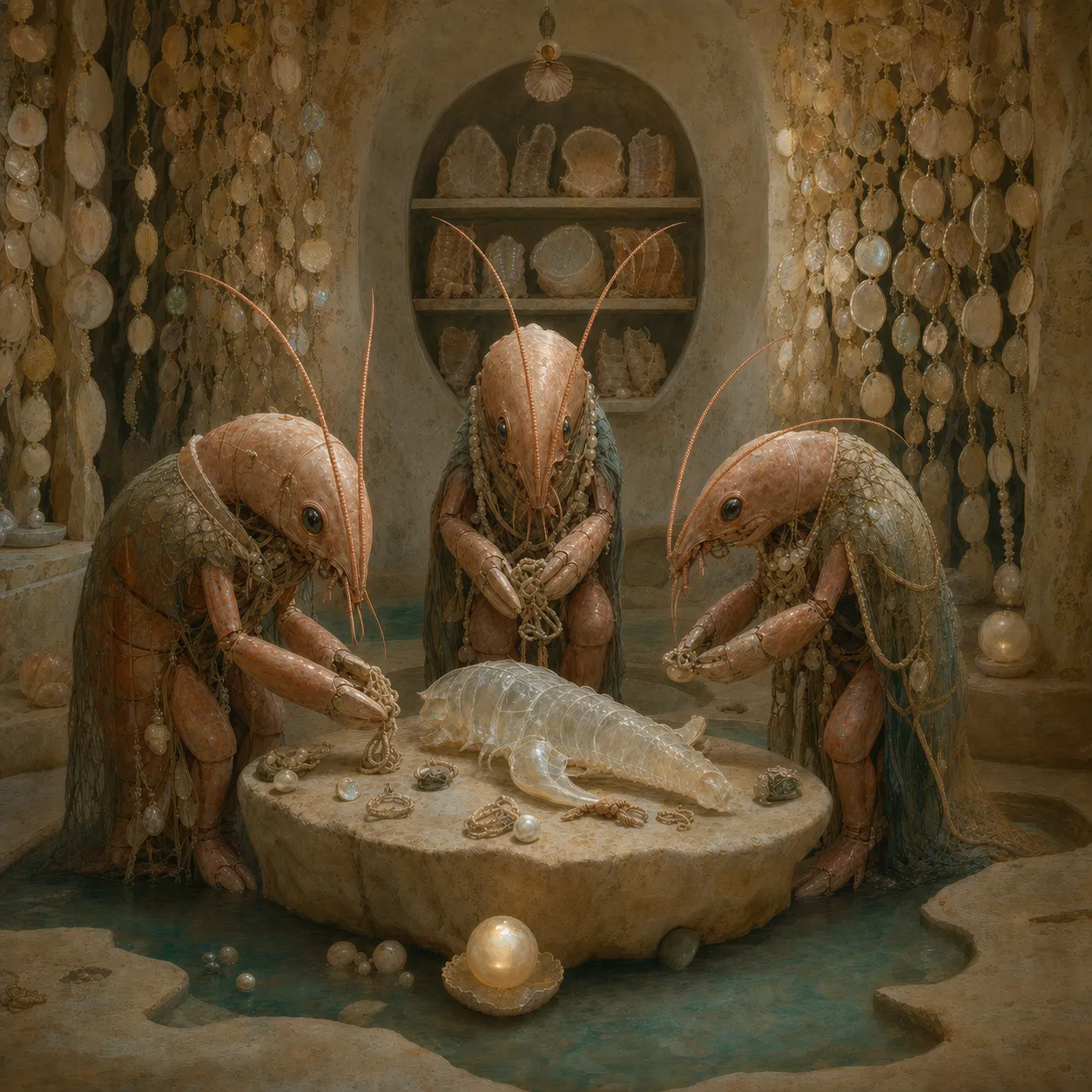 A solemn molting-house memorial painting with three shrimp-folk attendants bowing toward a translucent shed shell on a tide-stone bier.