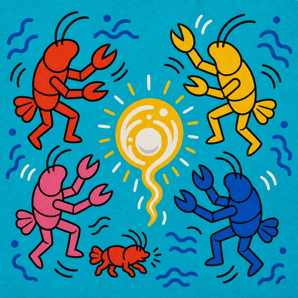 A bright street-pop mural of four faceless shrimp-folk figures and a small reef runner companion circling a radiant pearl-current symbol on a turquoise wall.