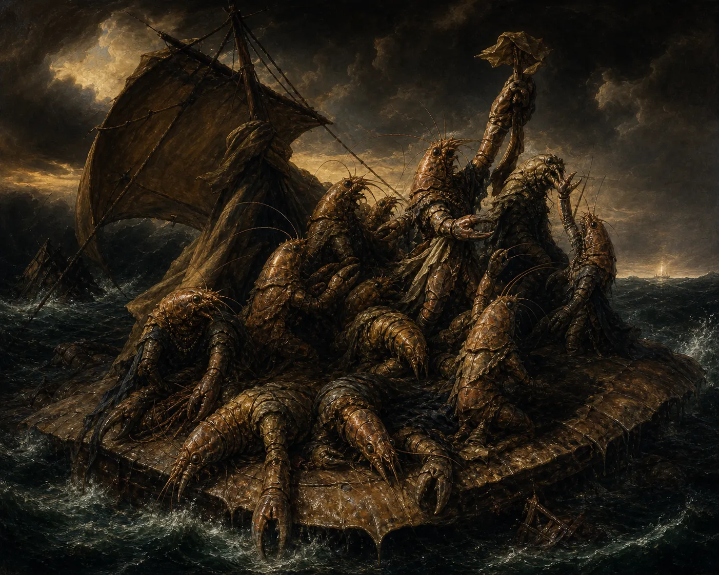 A dark Romantic sea catastrophe with shrimp-folk survivors arranged on a broken carapace raft beneath storm clouds.