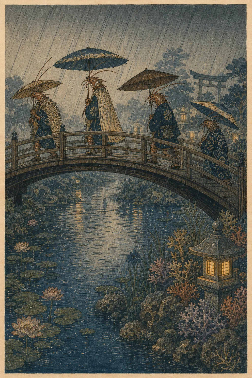 A Hiroshige-like woodblock print of shrimp-folk pedestrians crossing a curved bridge with umbrellas during rain above a reef garden canal.