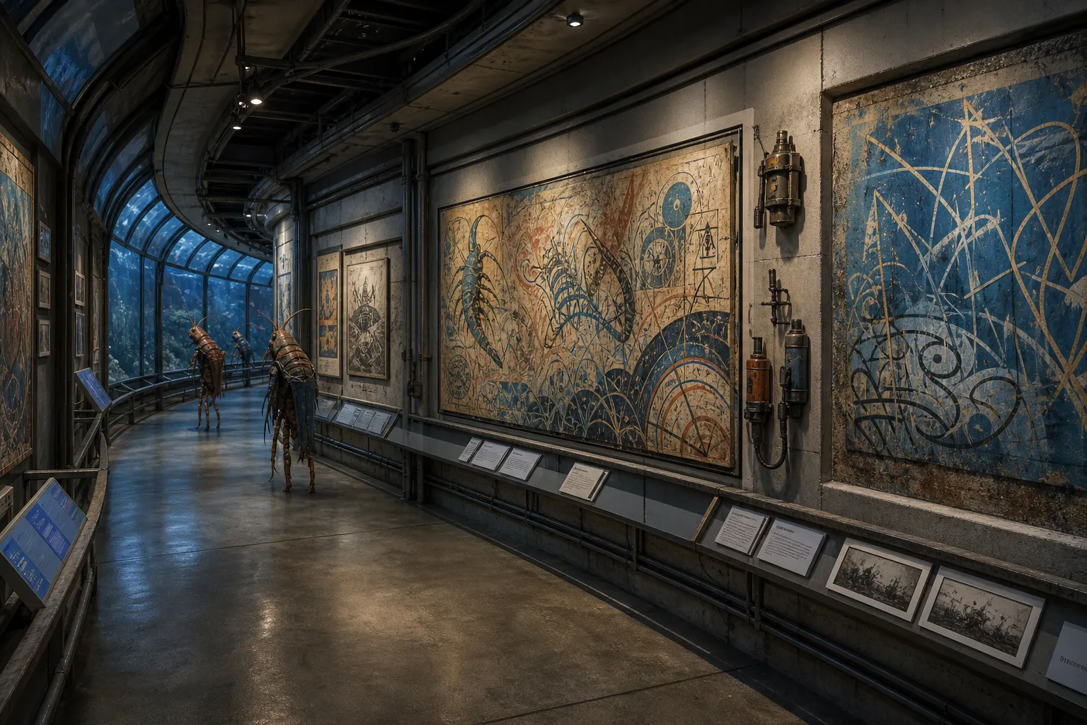 A photographed pressure-glass museum corridor with preserved shrimp-folk street art panels, blue transit tags, legal wall fragments, claw-adapted tools, labels, and distant visitors.