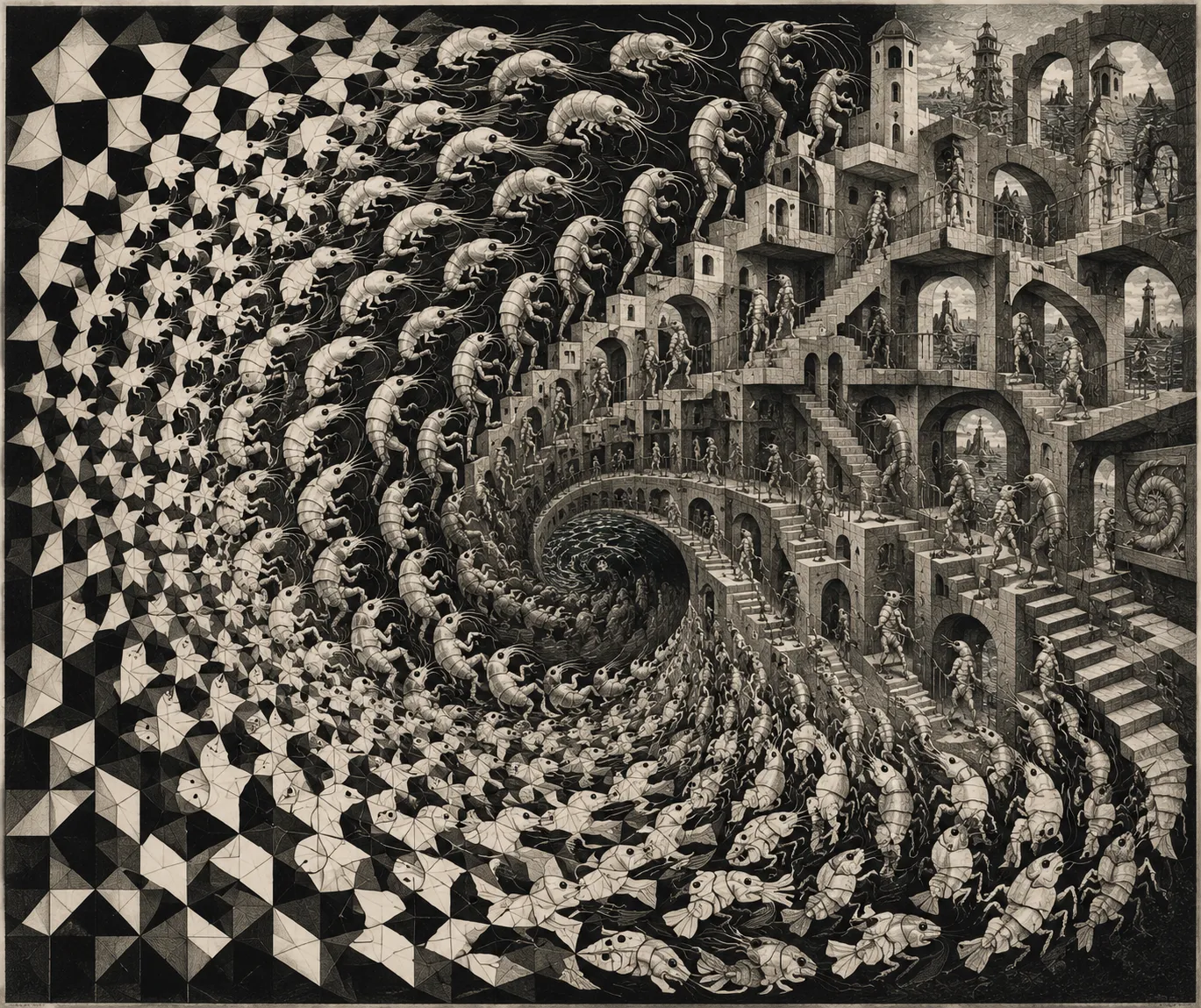 A black-and-white Escher-like shrimp-folk scene where tessellated forms spiral into impossible stairways and architectural spaces.
