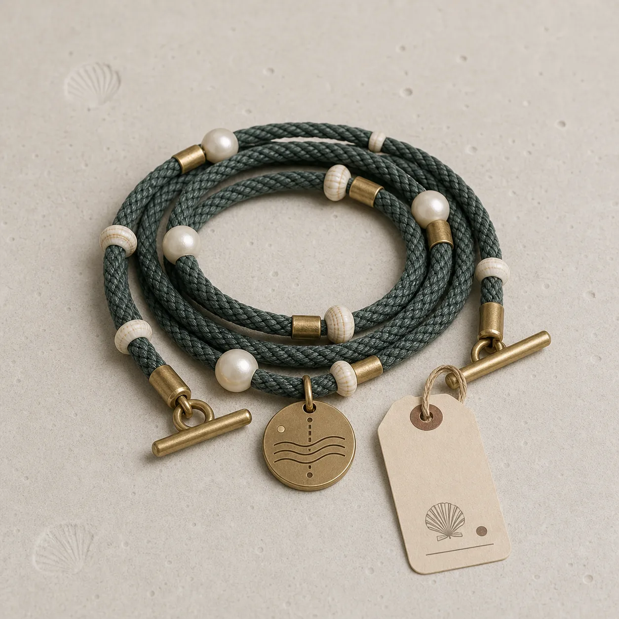 Product photograph of a coiled braided measuring cord with pearl beads and brass toggles.