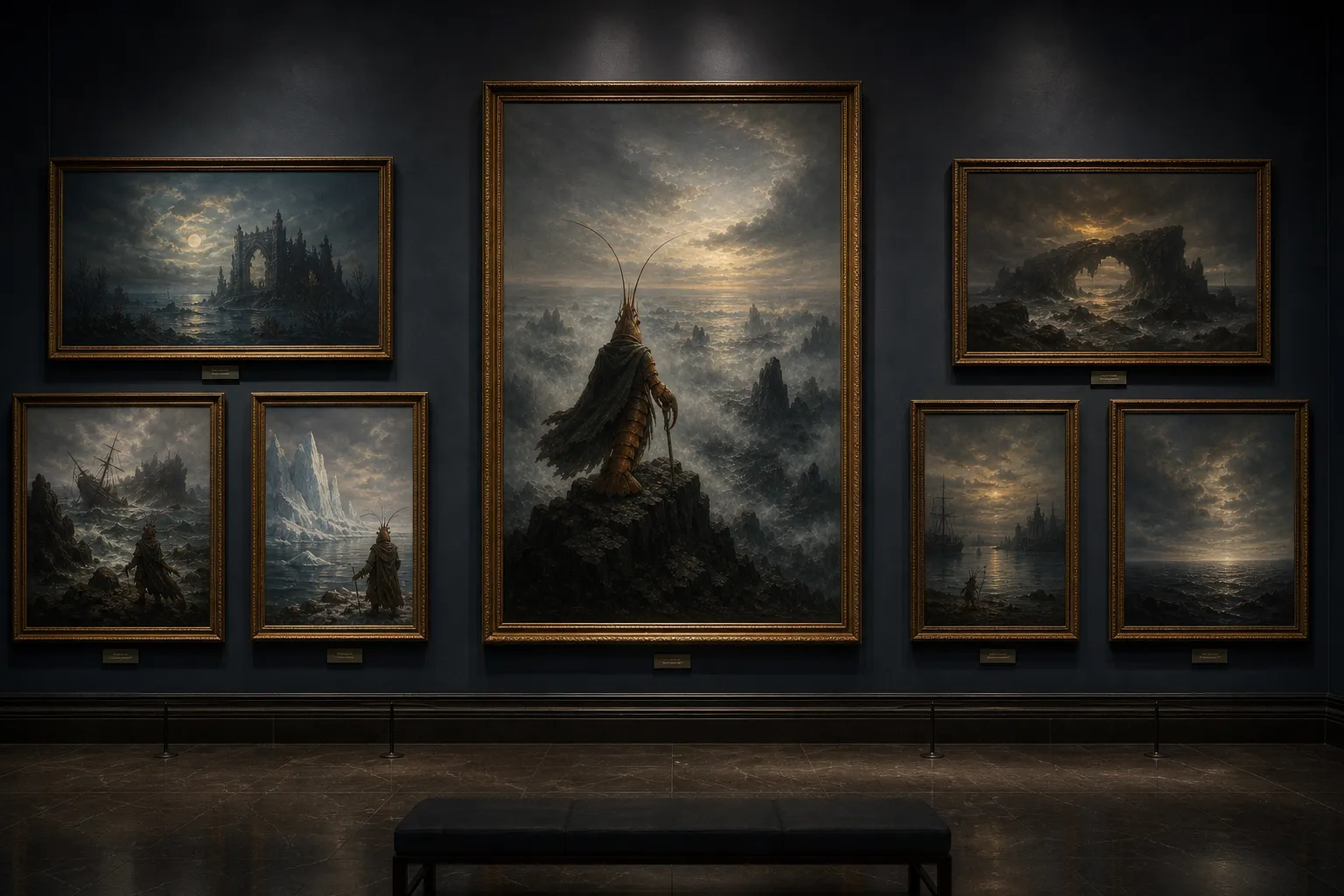 A dark museum gallery wall of Romantic shrimp-folk seascapes, centered on a lone cloaked figure above fog with surrounding shipwreck, iceberg, ruin, arch, and moonlit sea paintings.