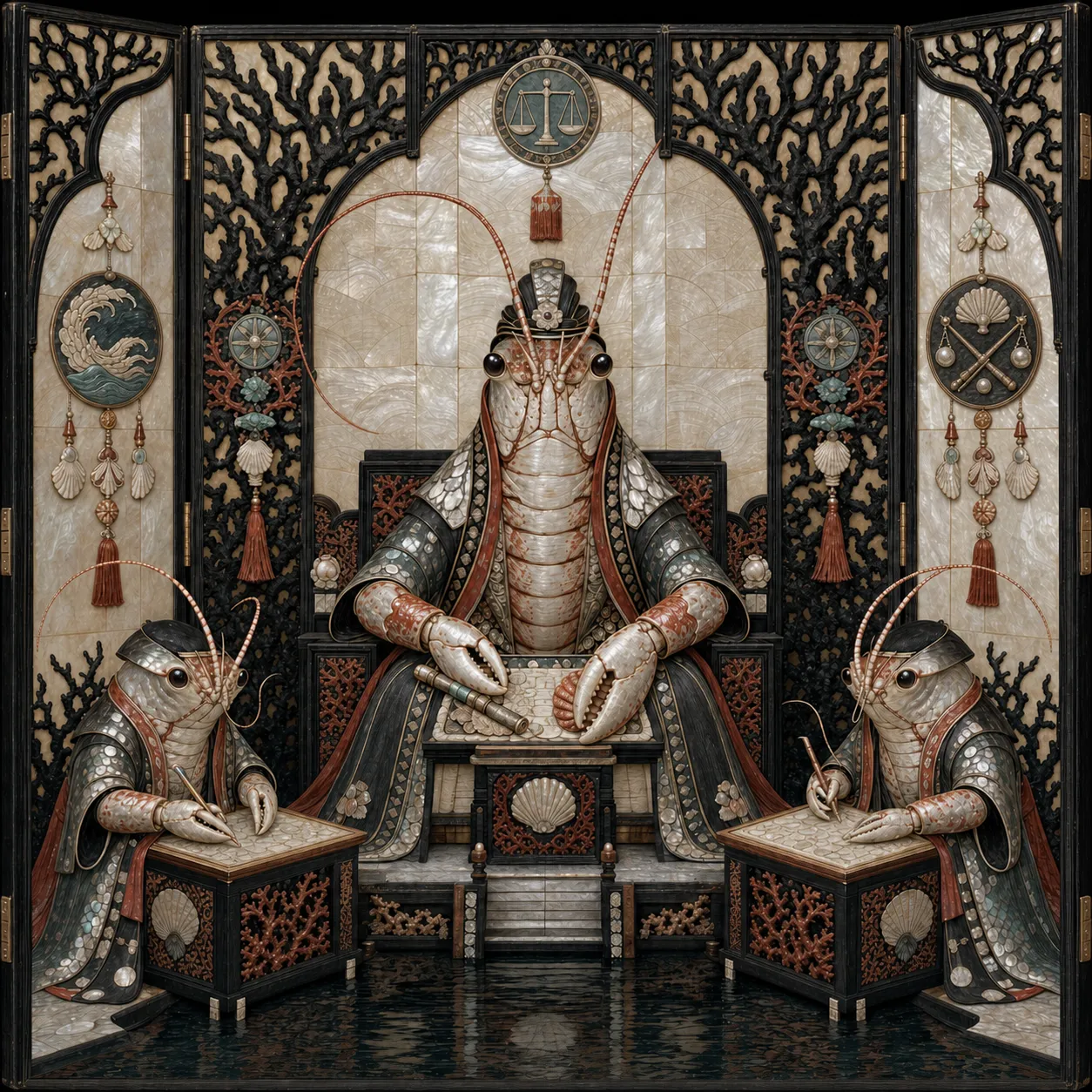 A formal shell-inlay court screen showing a seated shrimp-folk magistrate with two attendant scribes, black coral panels, a wave emblem, justice scales, and a commerce medallion.