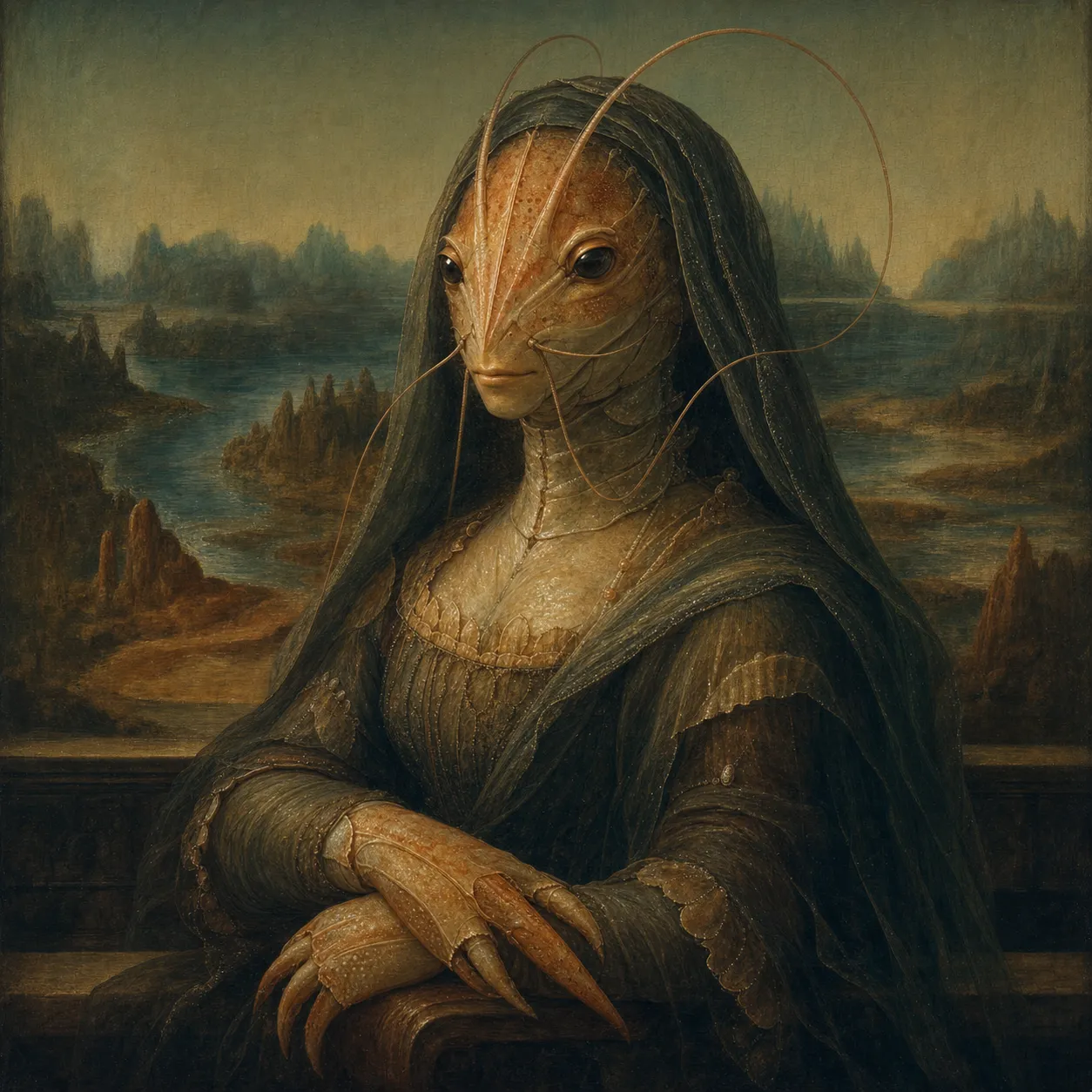 A seated shrimp-folk portrait inspired by the Mona Lisa, with folded manipulator claws, calm direct gaze, and a misty sfumato reef landscape.