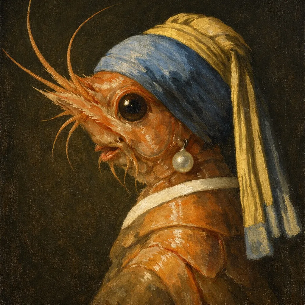 A Vermeer-like shrimp-folk portrait with a blue and gold head wrap, dark background, turned gaze, and luminous pearl earring.