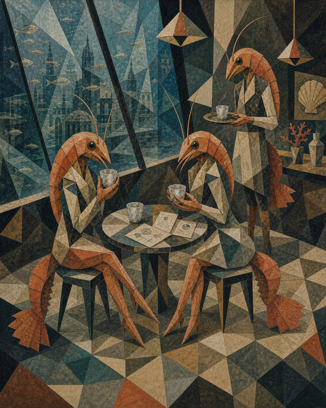 A Synthetic Cubist cafe interior with shrimp-folk patrons seated side-saddle on open stools beside a round table, pressure-glass windows, reef-city silhouettes, and fish outside.