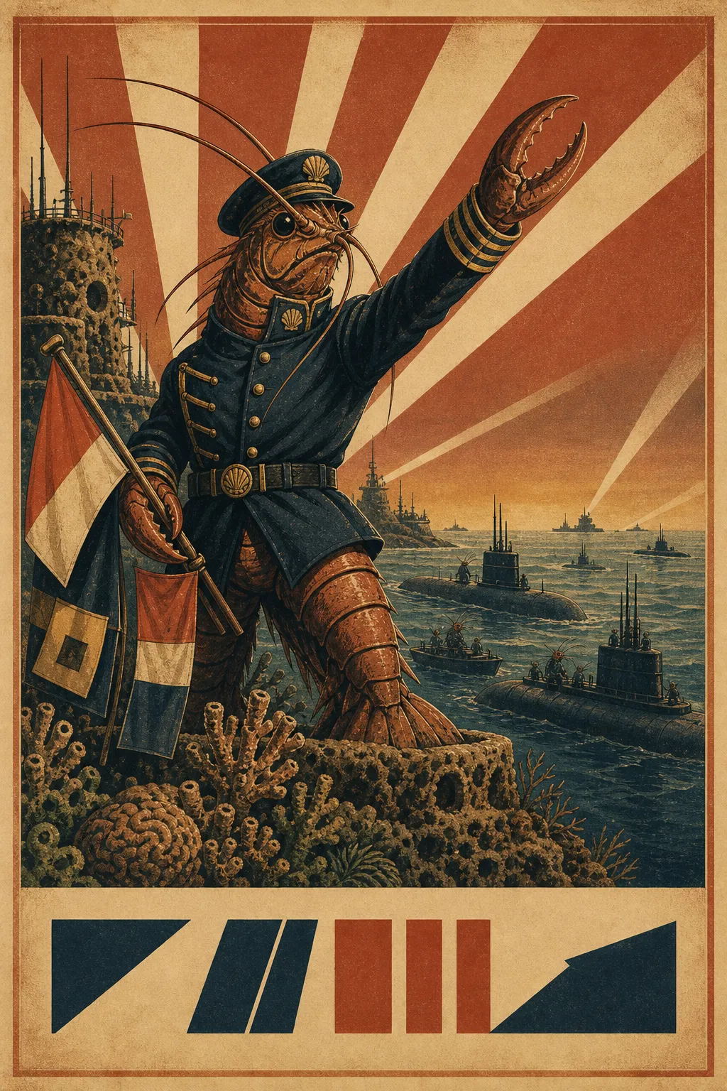 A 1940s-style shrimp-folk naval recruitment poster with a uniformed signal officer raising a claw above submarines, reef boats, searchlights, and coral fortifications.
