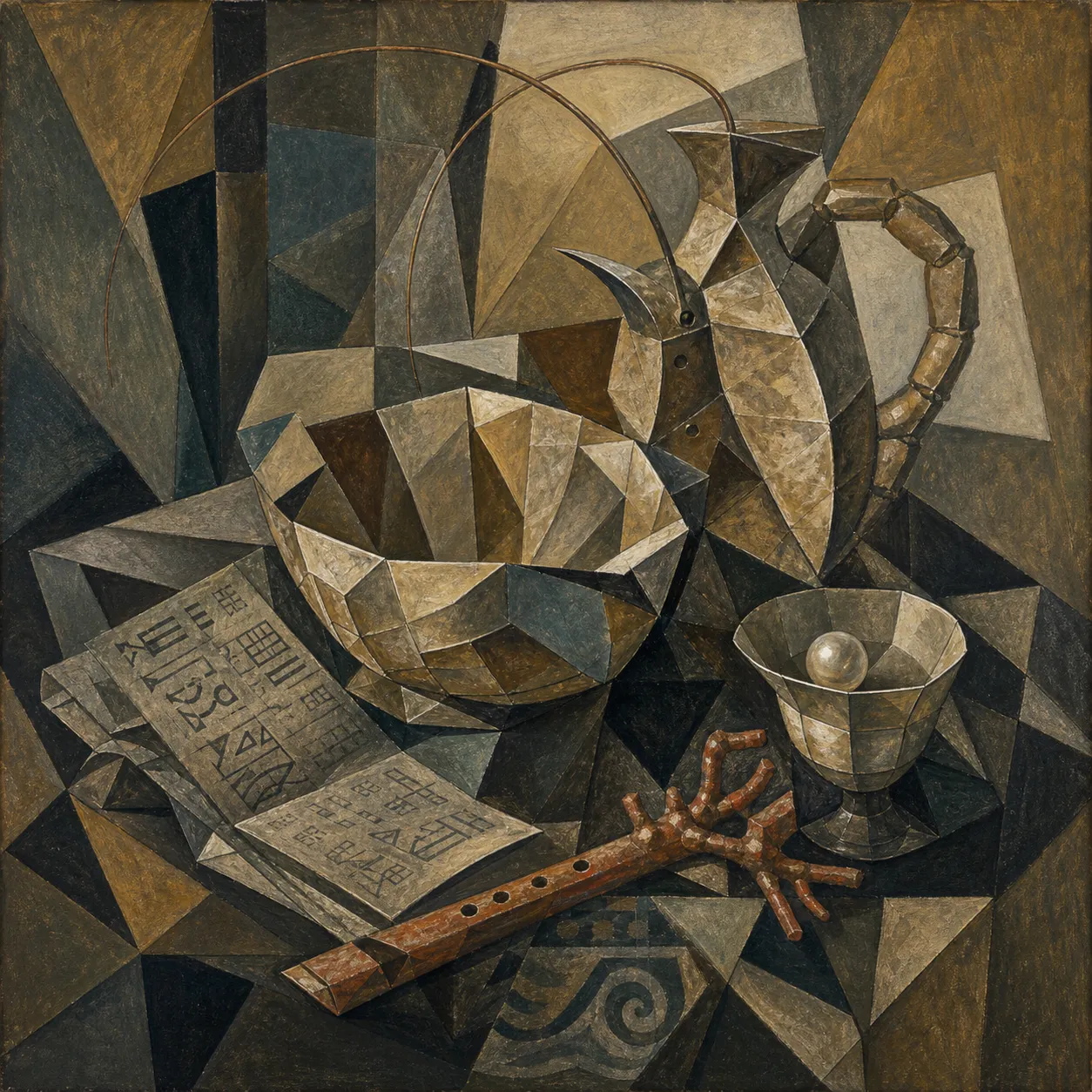 A Cubist shrimp-folk still life with faceted shell bowls, a claw-handled vessel, a pearl cup, glyph paper, and a coral instrument.