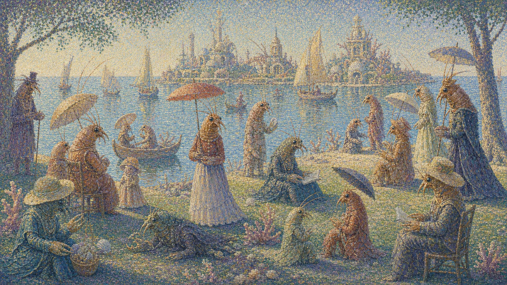 A pointillist reef island panorama with shrimp-folk citizens at leisure under parasols beside boats, coral grass, and bright water.
