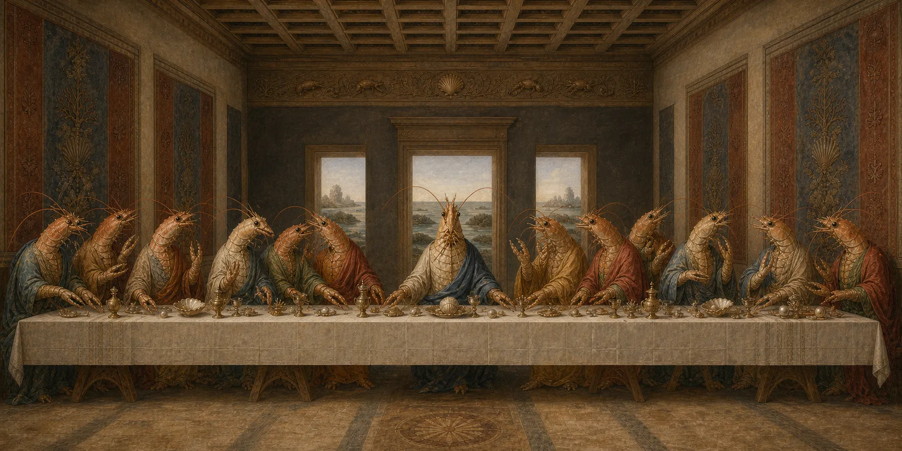 A Leonardo-like shrimp-folk Last Supper scene with thirteen robed figures seated at a long table in a perspectival refectory.