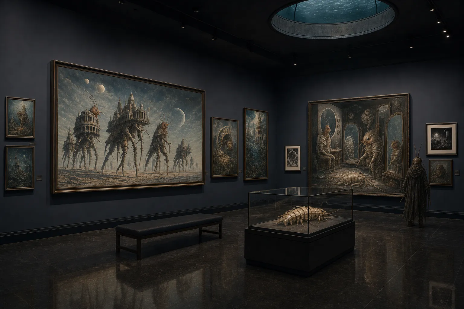 A dark blue museum gallery of shrimp-folk surrealist paintings with tall shell carriers, molting-room imagery, impossible cities, a central vitrine, and a quiet visitor.