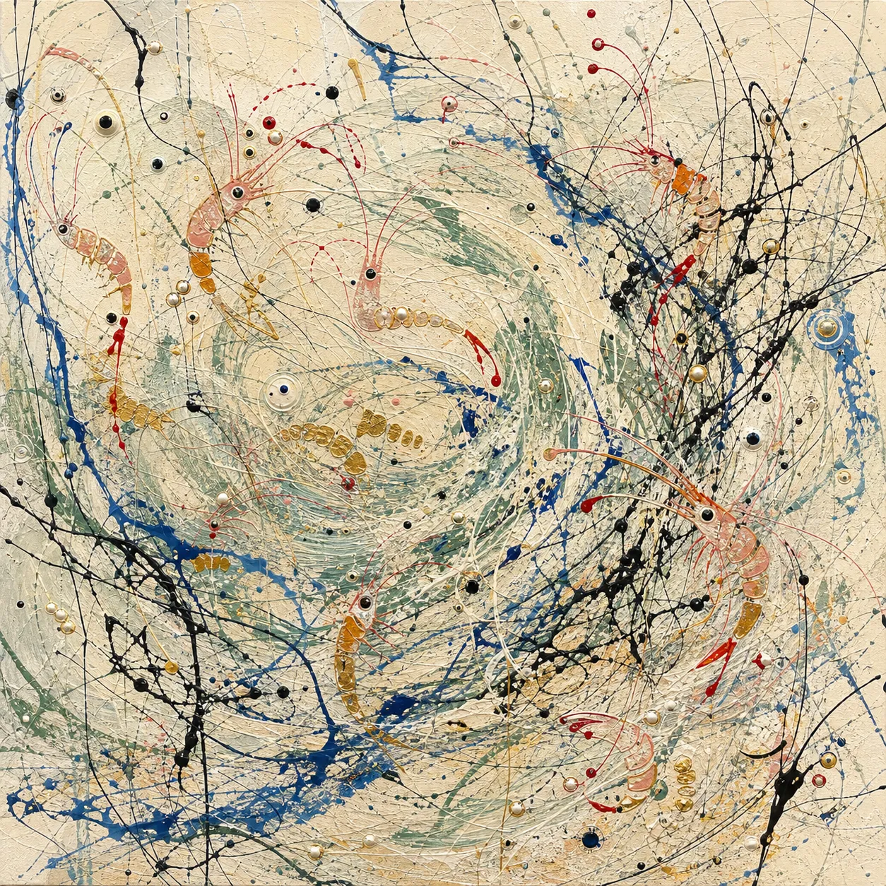A light Pollock-like current-map abstraction with black skeins, blue-green swirls, pearl coordinates, red antenna lines, and small segmented shell figures.