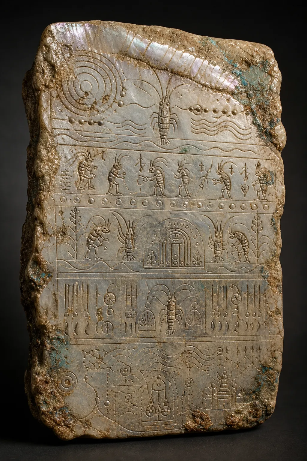 An ancient shell-limestone tablet with tide glyphs, claw notches, pearl dots, worn edges, and mineral staining.