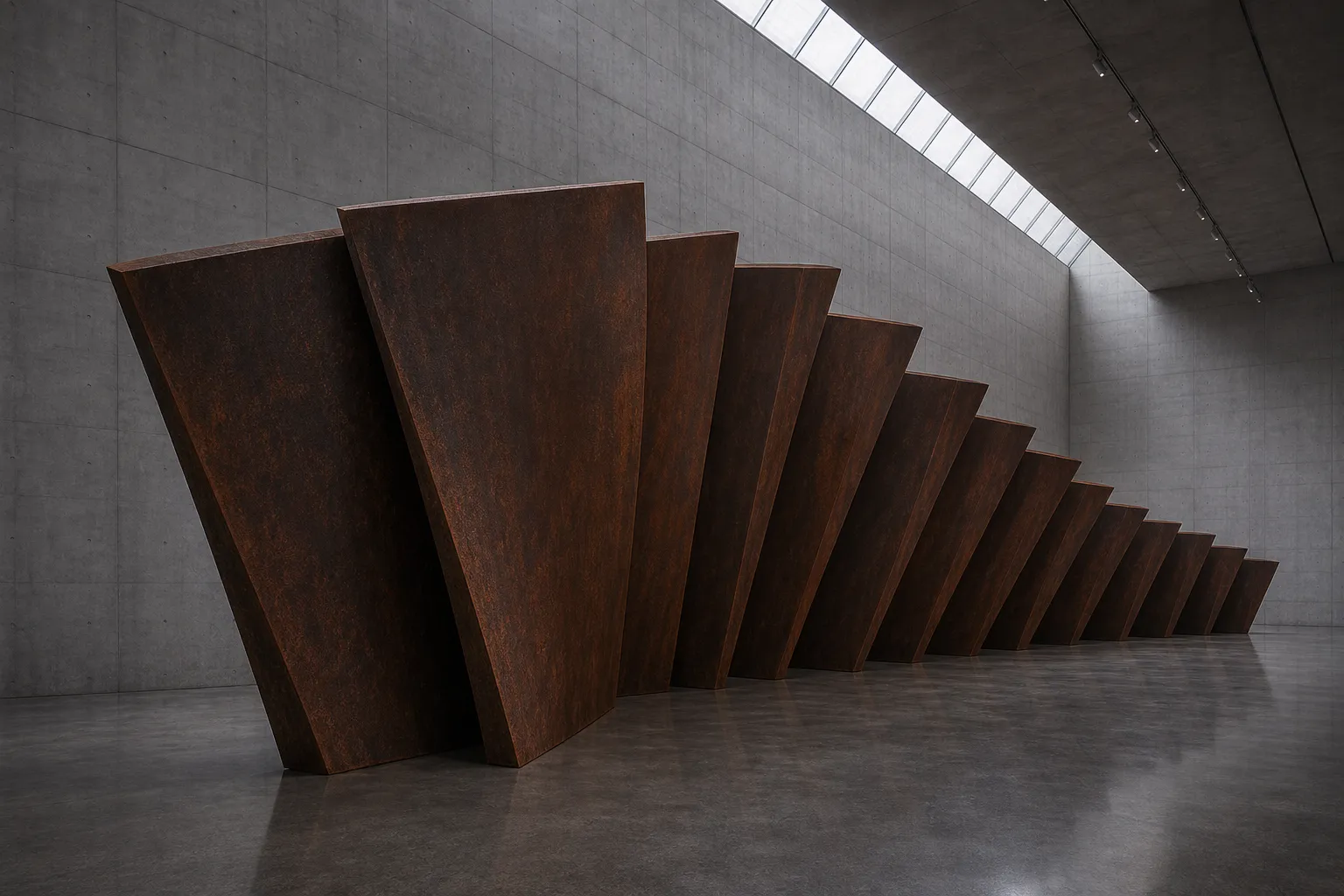 A long procession of leaning weathered-steel slabs flaring across a concrete gallery like articulated industrial plates.