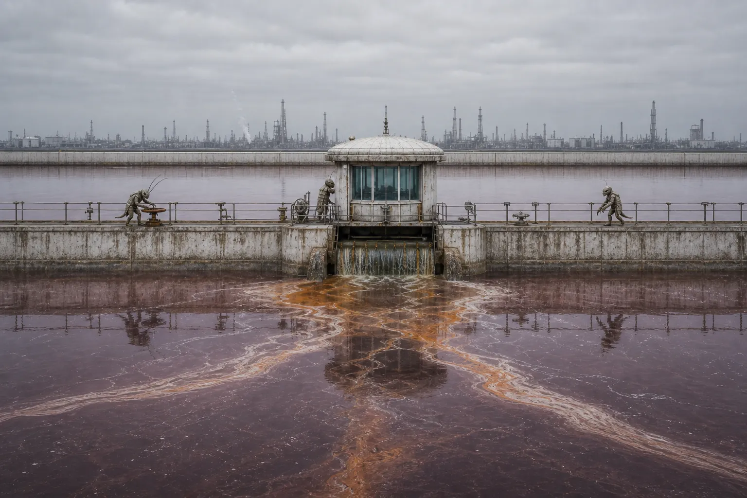 A formal photograph of a shrimp-folk industrial tailings lagoon with a central shell-concrete gatehouse, mauve water, orange residue, distant refinery haze, and sparse crustacean technicians along the wall.