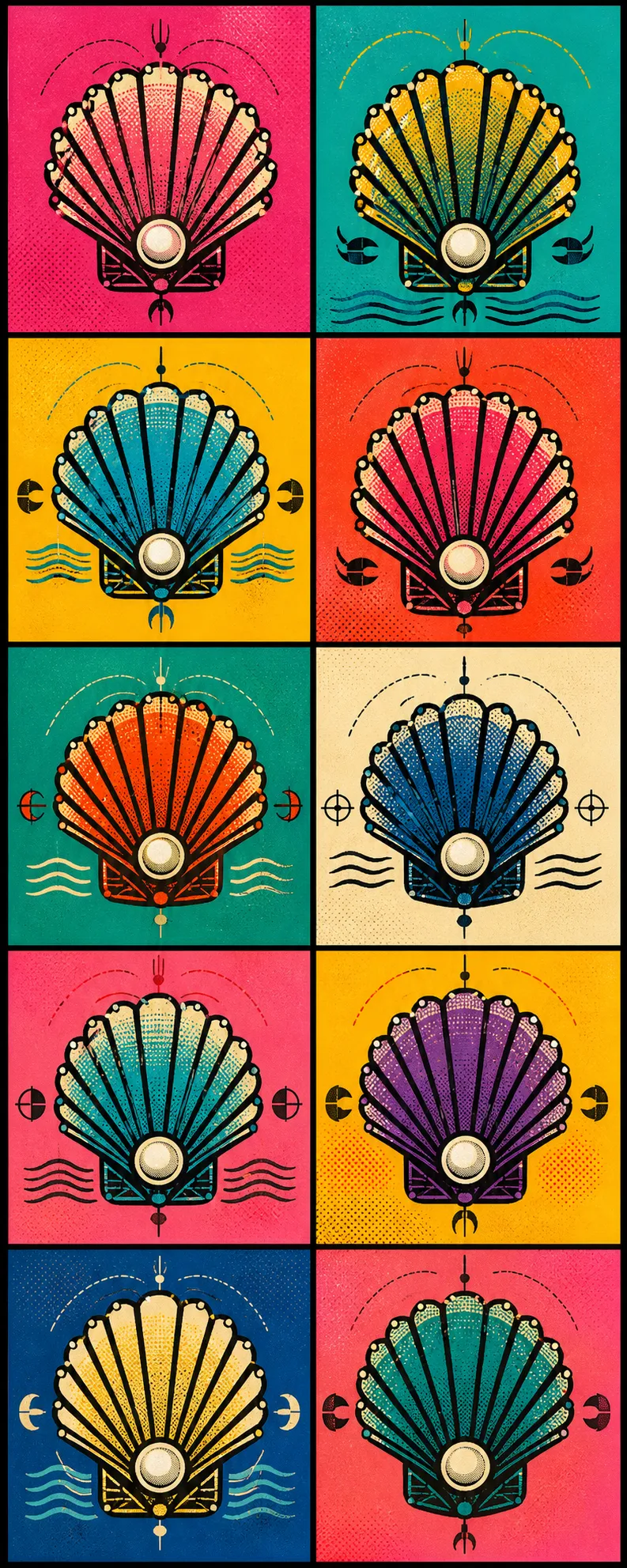 A tall Pop Art silkscreen grid of ten repeated shell medallions in bright pink, turquoise, yellow, orange, cream, and navy panels with antenna and tide marks.