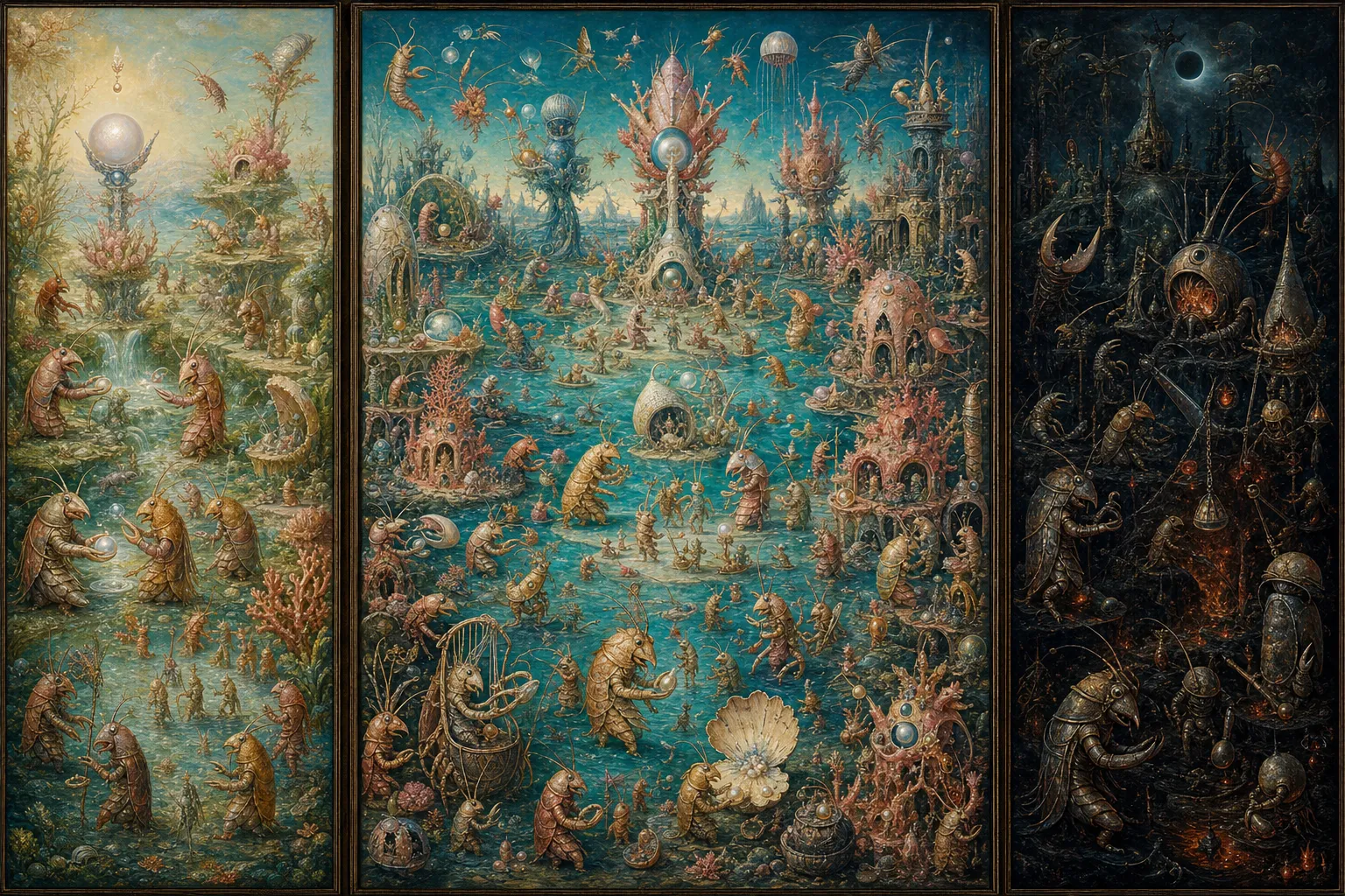 A Bosch-like shrimp-folk triptych with a sacred reef origin panel, a dense central tidal garden, and a dark abyssal consequence panel.