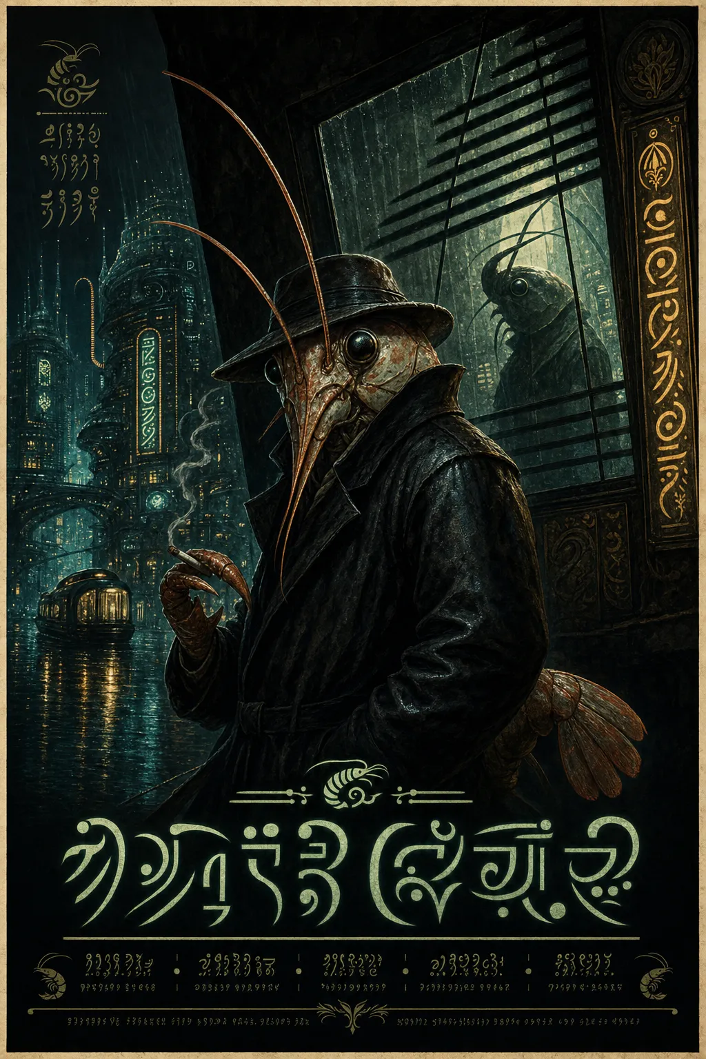 A noir shrimp-folk movie poster with a trench-coated detective, rainlit New Atlantis canals, diagonal window shadows, a reflected watcher, and glyph title lettering.