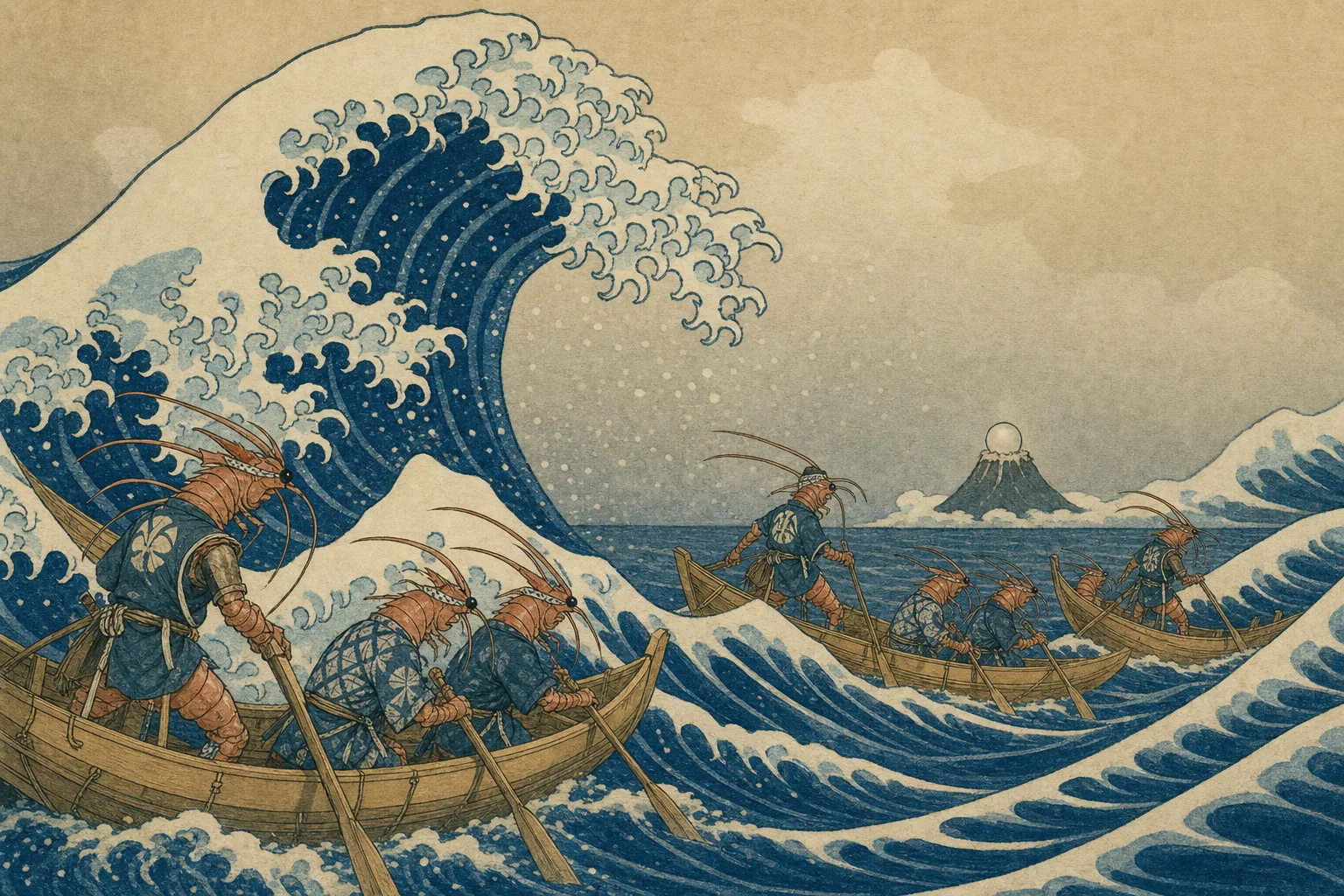 A Hokusai-like ukiyo-e print of shrimp-folk sailors in reef boats beneath a towering blue wave, with a distant pearl-volcano on the horizon.
