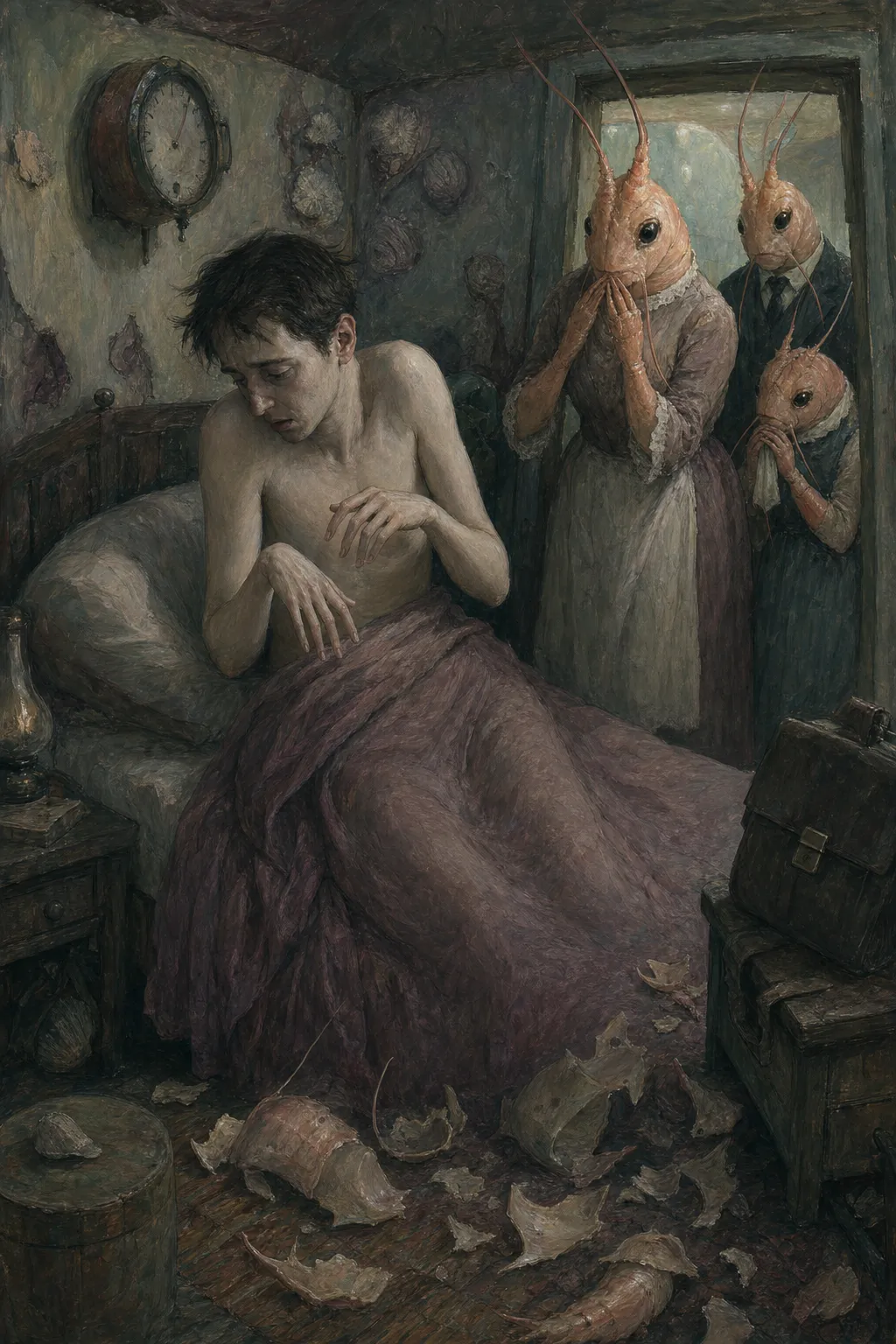 A Kafkaesque shrimp-folk bedroom scene where a shell-less soft-bodied clerk sits ashamed in bed as crustacean relatives recoil in the doorway.