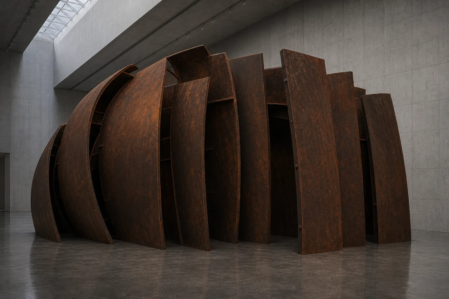 A massive rusted-steel structure of nested upright plates and curved outer sheets in an empty concrete museum hall.