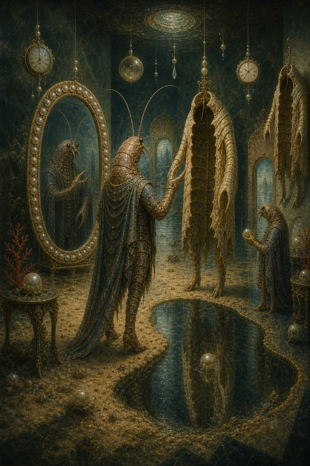 A surreal interior where shrimp-folk figures confront hanging empty shells, pearl mirrors, impossible doors, and tidal pools.