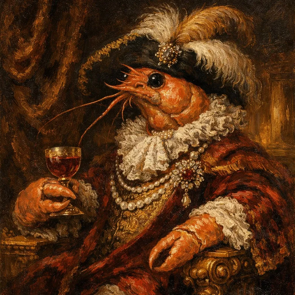 A Dutch Golden Age shrimp-folk captain in feathered hat, pearl collar, red cloak, and ornate jewelry holding a glass in warm tavern light.