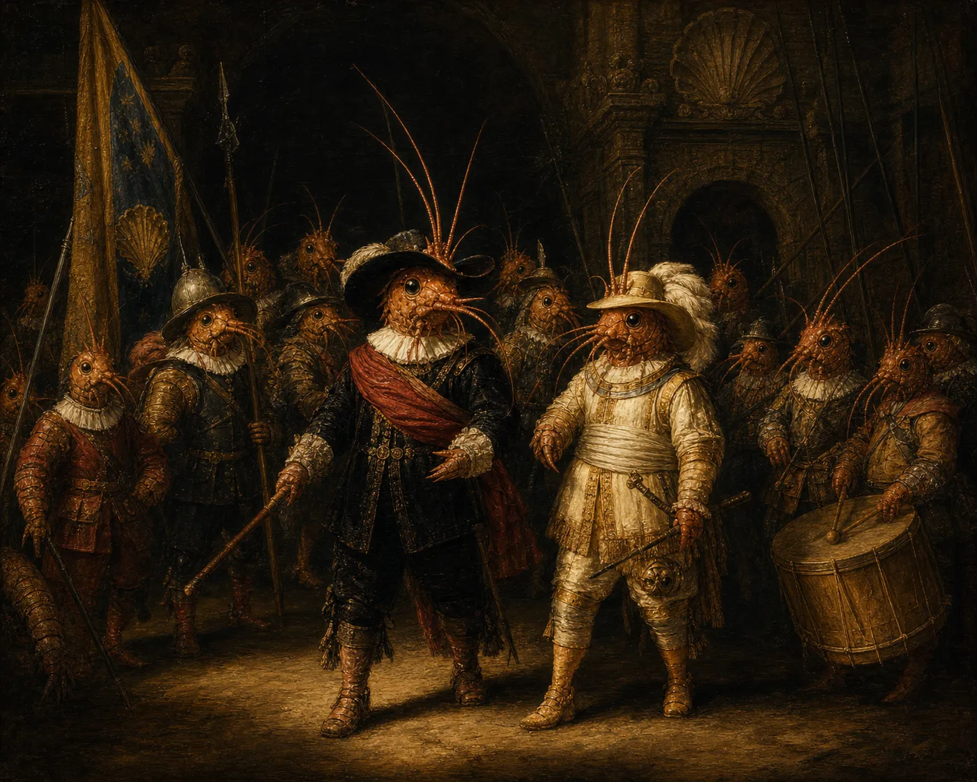 A Rembrandt-like shrimp-folk civic guard portrait with two central officers, banners, spears, helmets, a drummer, and dramatic golden light.