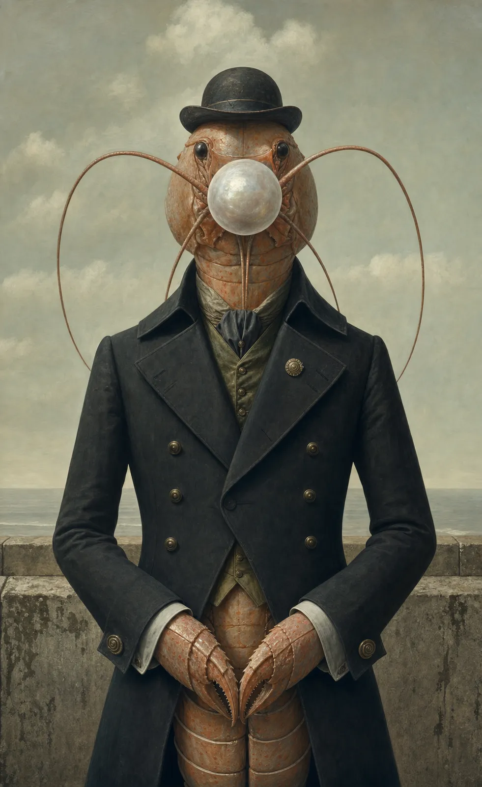 A restrained surrealist portrait of a formally dressed shrimp-folk figure whose face is obscured by a floating pearl.