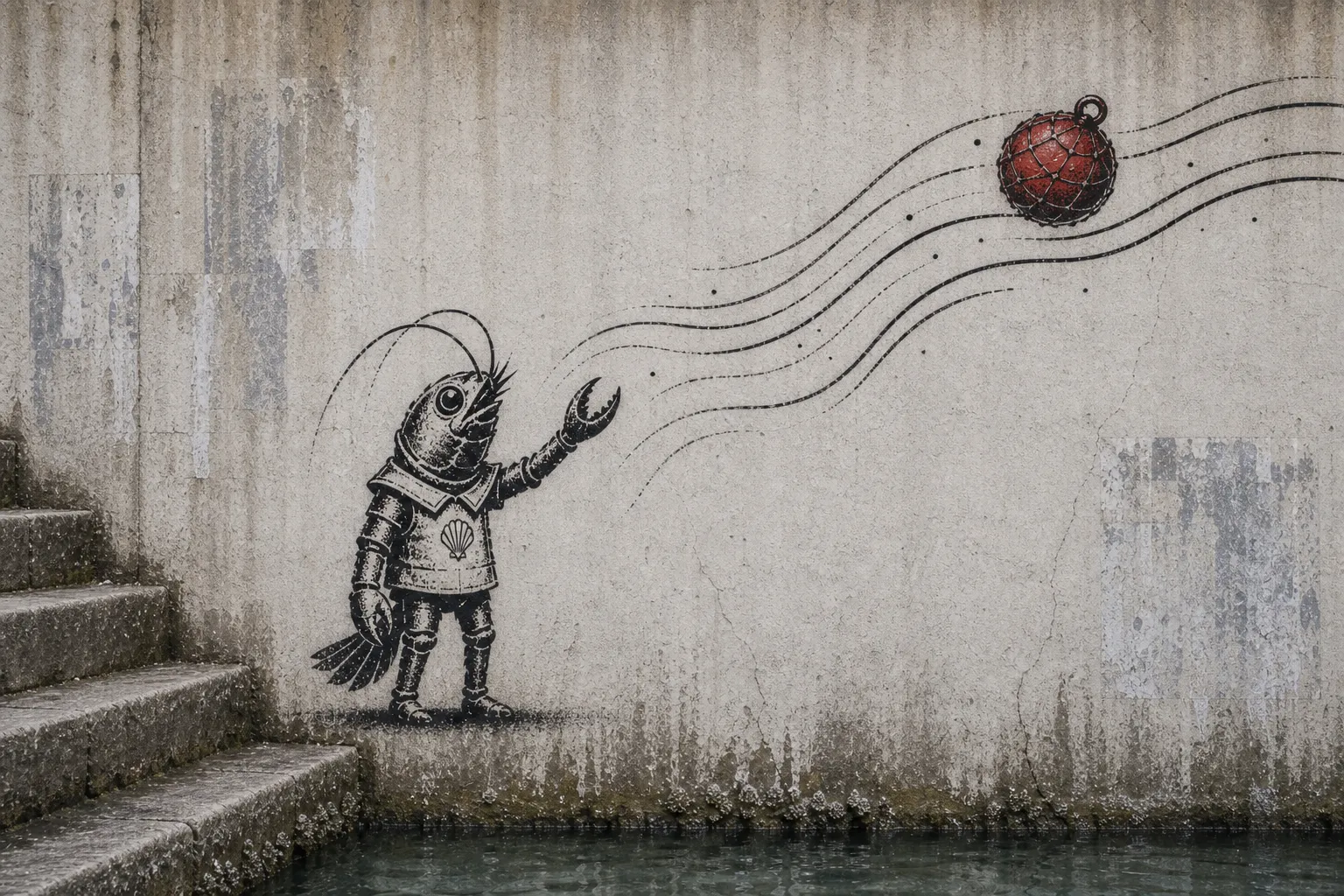 A small shrimp-folk child in black stencil reaches toward a red buoy carried away by sweeping current lines on a tide-stained canal wall.