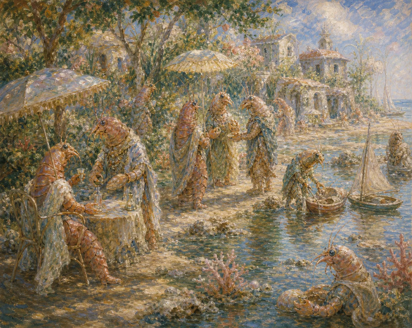 A sunlit Impressionist coral shore where shrimp-folk families and friends gather under shell parasols beside shallow tidal pools.